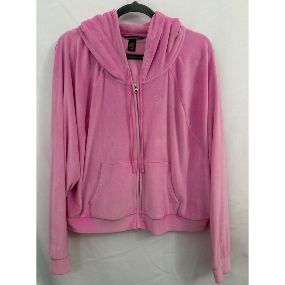Victoria's Secret‎ Velour Full Zip Cropped Hoodie Jacket Pink Womens Size XL
